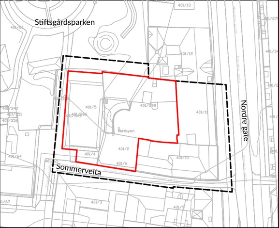 Planområdet er vist innenfor svart stiplet område. 